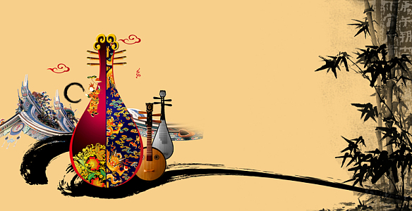 中国风琵琶竹林黄色背景素材