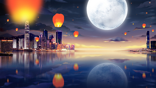 大月亮与孔明灯海报背景