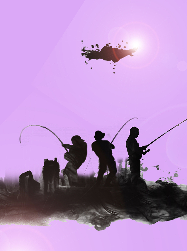 简约钓鱼水墨紫色背景素材