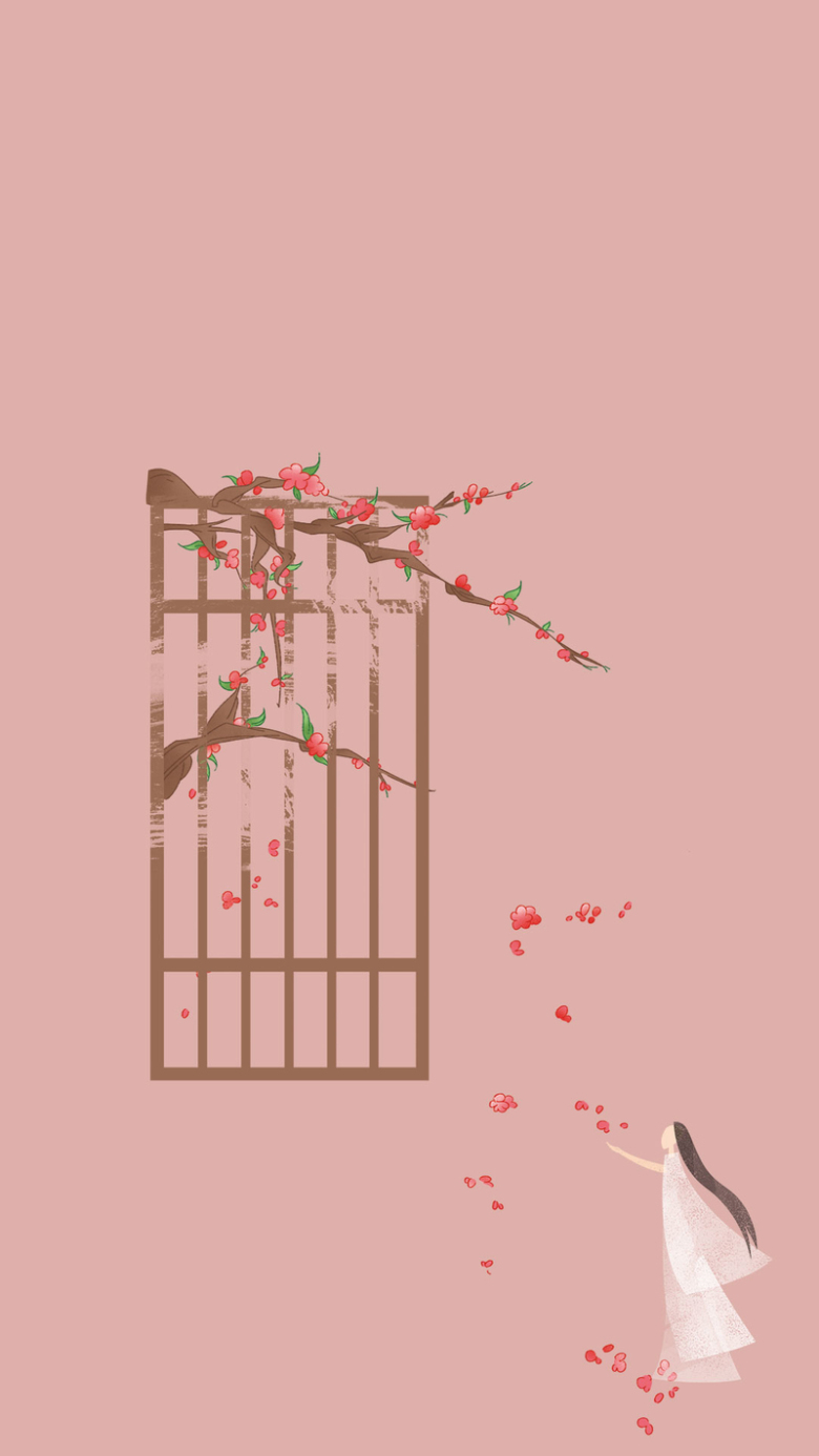 三生三世十里桃花,插画,复古,古风,手绘,书法,桃花,花瓣,文艺h5背 