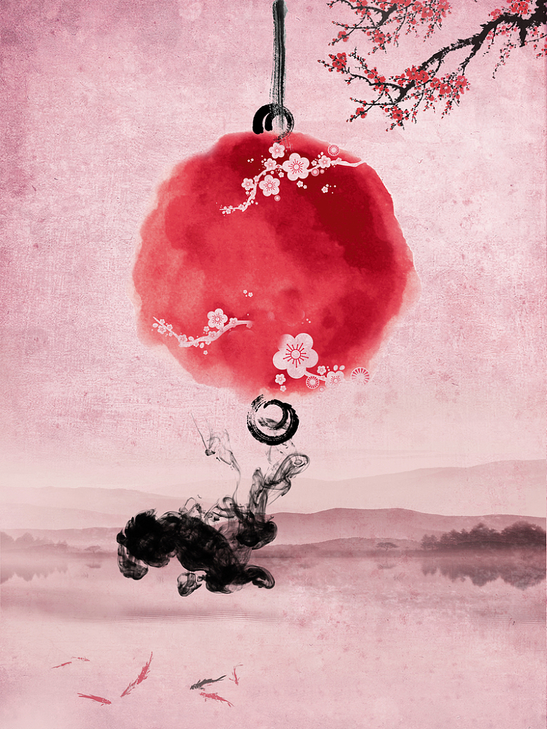 中国风水墨画作红色背景素材