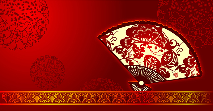 中国风中国红剪纸花纹边框折扇背景素材