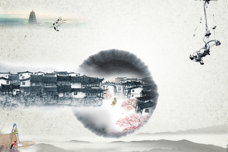 水墨墨迹江南水乡旅游海报背景素材