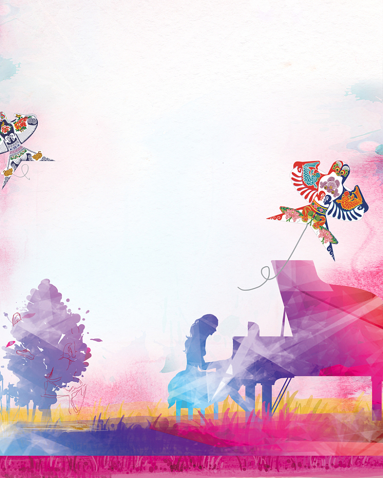 彩色弹钢琴剪影风筝节海报背景素材
