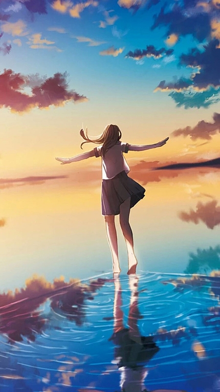 黄昏海边少女背影h5背景