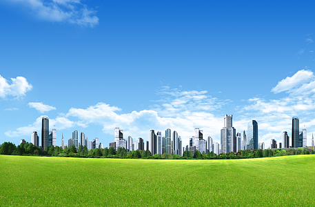 蓝天白云草地城市建筑背景素材