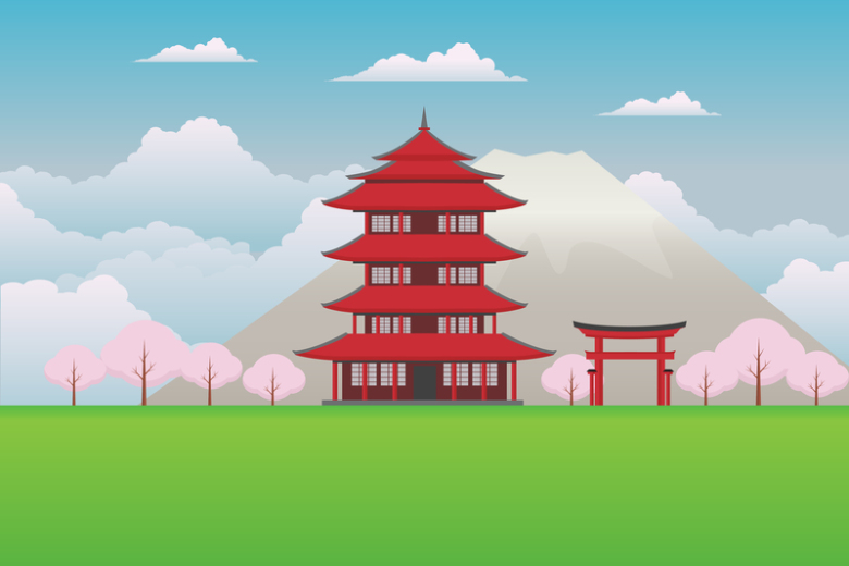 卡通扁平日本日式寺庙旅游背景素材