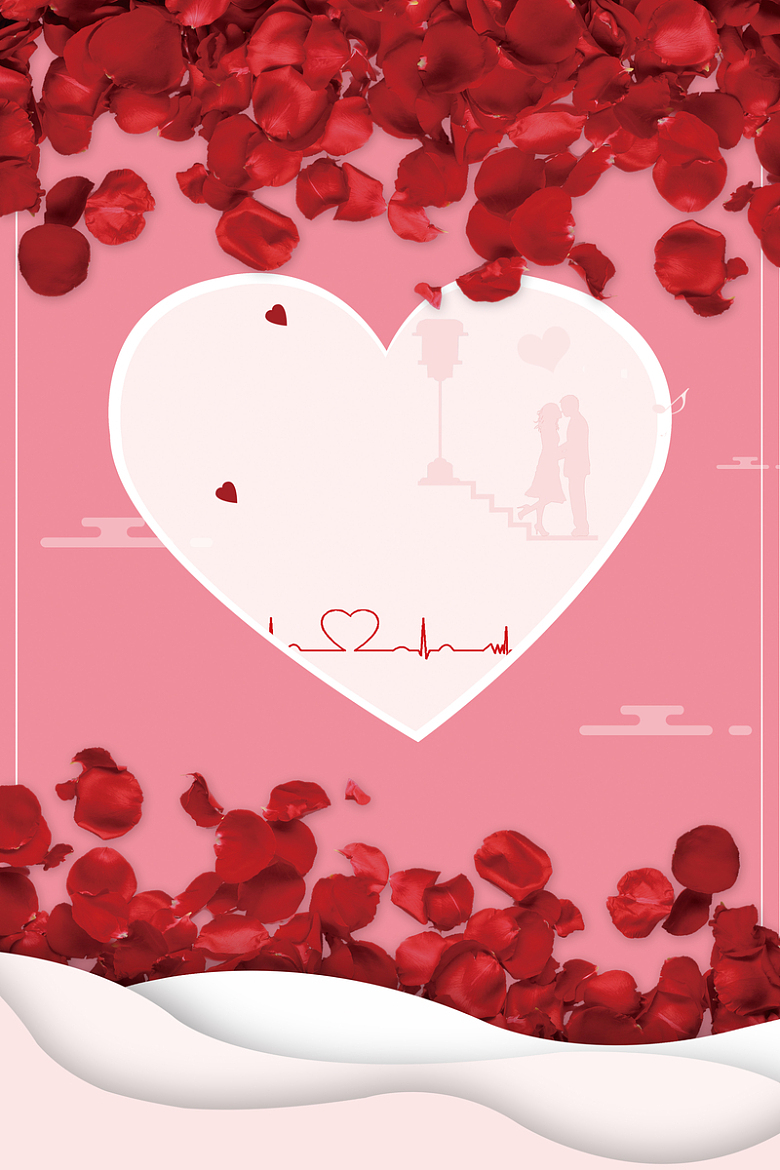 白色爱心玫瑰花瓣简约情人节海报
