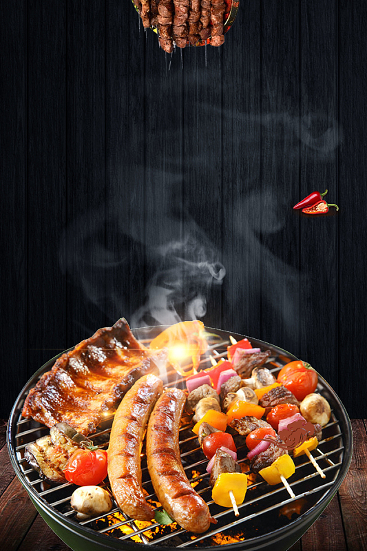 黑色木板纹背景烧烤美食海报
