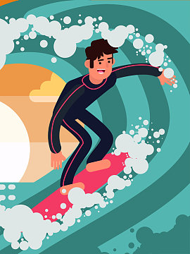 卡通手绘夏季清凉促销人物冲浪背景素材