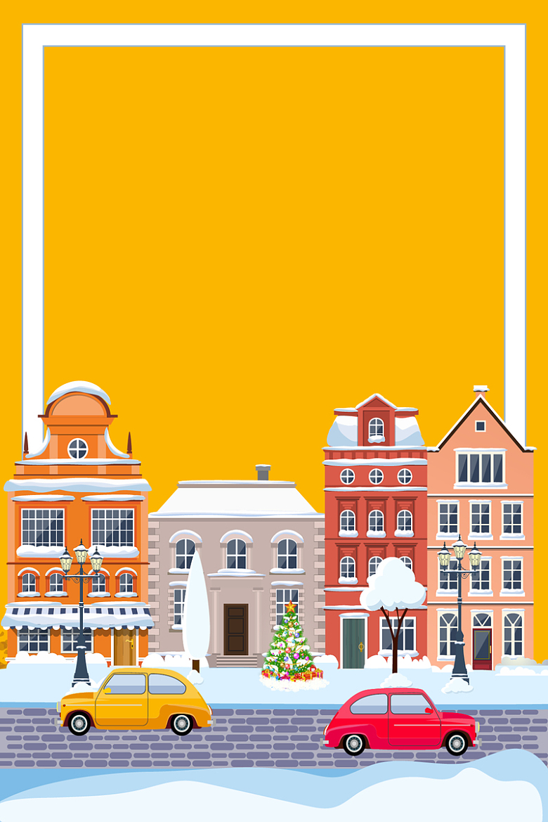 黄色简约文艺冬季户外建筑场景圣诞节设计