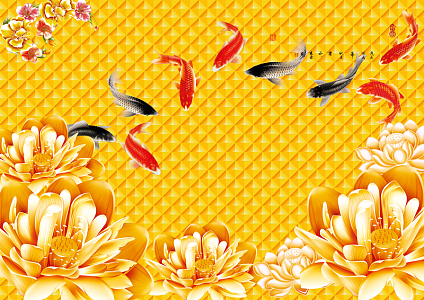 金碧辉煌九鱼图3D高清电视背景墙背景素材