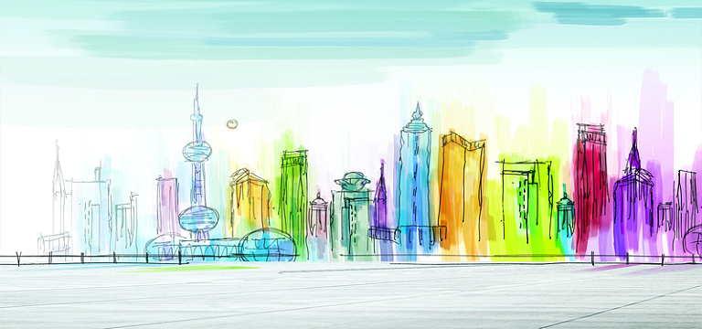 水彩手绘城市文艺蓝色淘宝海报背景