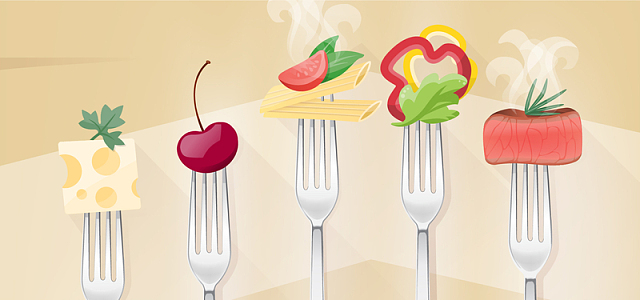 淘宝矢量卡通美食叉子牛排奶酪樱桃海报背景