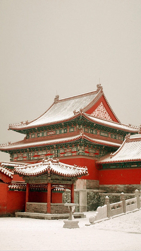 灰色天空故宫雪景背景