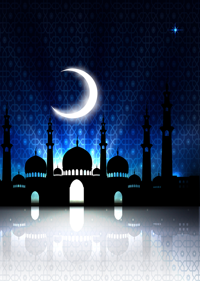 夜晚清真寺伊斯兰教建筑剪影海报背景