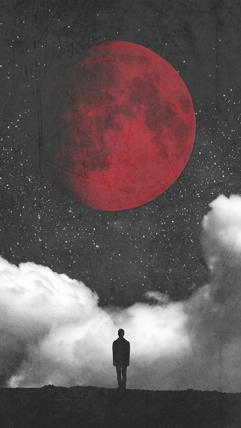 科幻红色月球人物剪影H5背景素材
