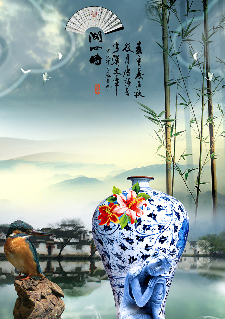 山水鸟画唯美中国风背景图
