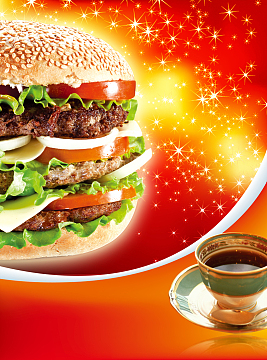 红底星光汉堡咖啡美食印刷背景