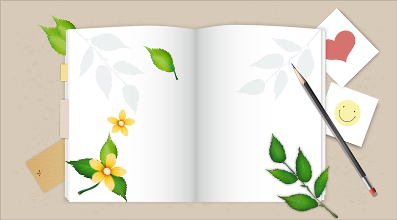 文艺清新叶子书签花朵翻开书背景素材