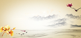 山水画水墨大气简约黄色淘宝海报背景
