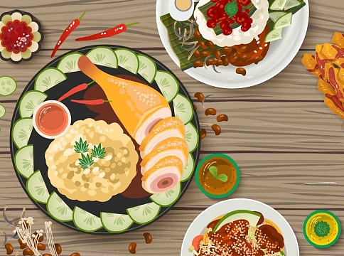 手绘矢量旅游新加坡美食海南鸡饭海报背景