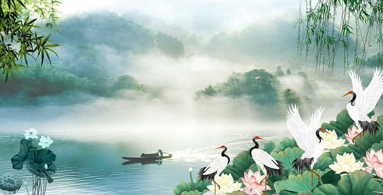 国画中国风和风荷花白鹤背景素材