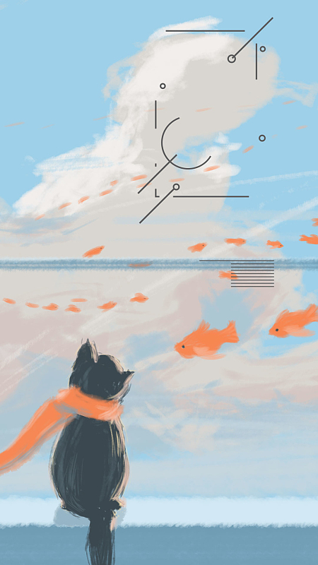 十二月你好文艺悲伤插画清新伤感云猫天空h5(1280x1920)psdpng二月