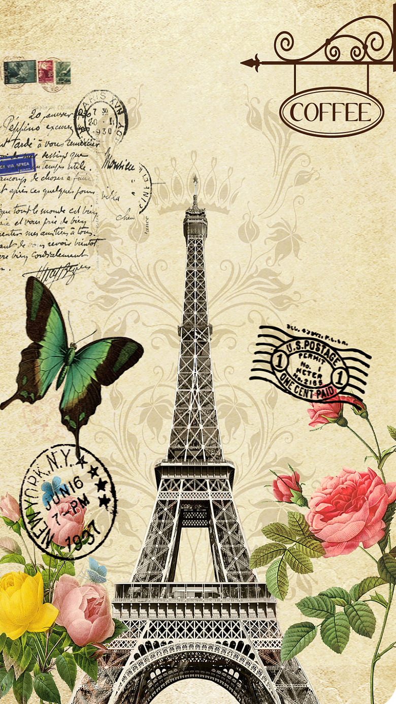 手绘复古欧洲巴黎铁塔棕色背景图