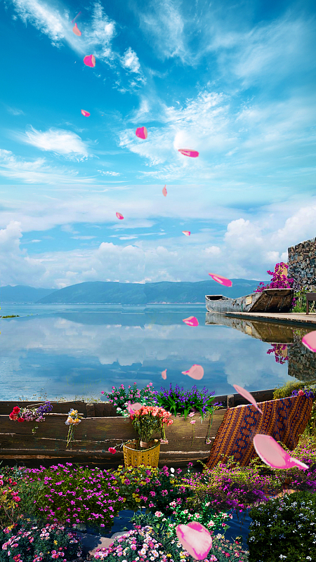 蓝天白云小清新旅游景点h5背景素材