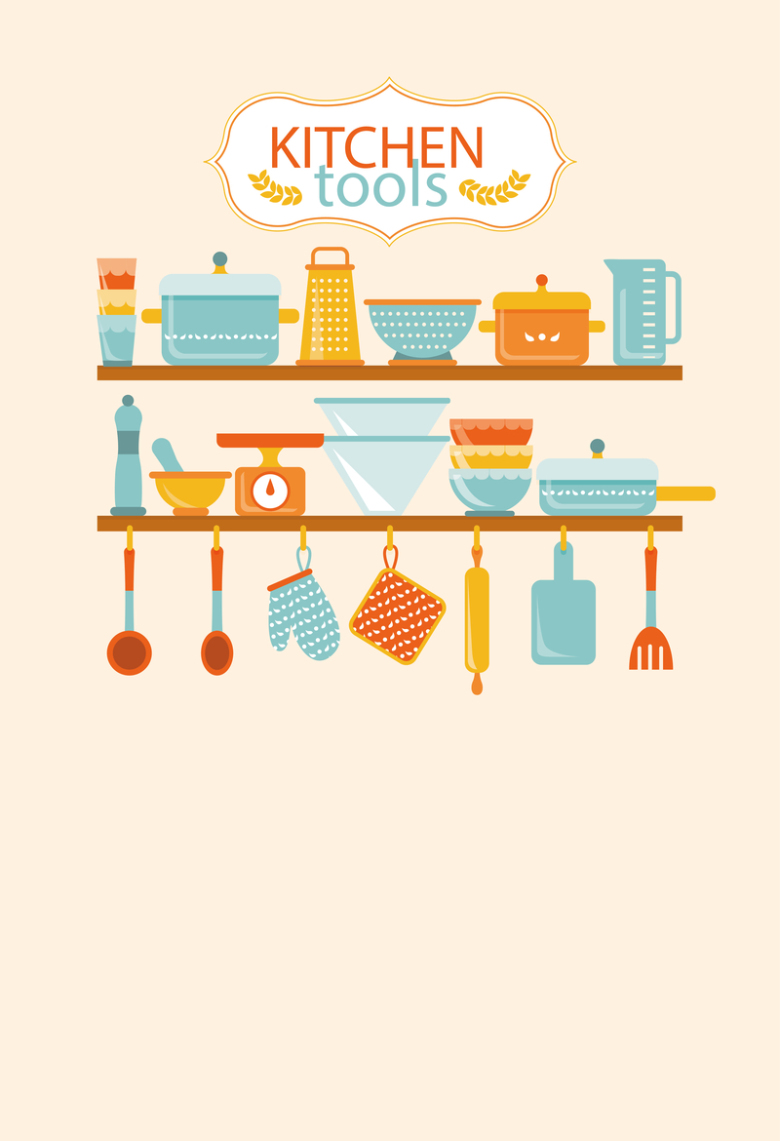 彩色厨房用品家居锅碗瓢盆矢量海报背景素材