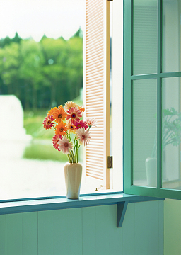 台上的插花鲜花淡雅窗台场景背景素材