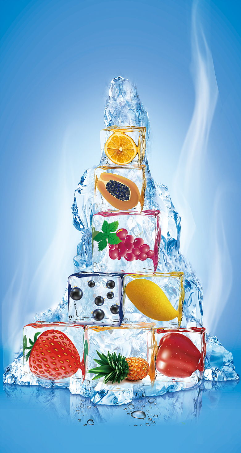 清新水果饮料冰块蓝色海报背景素材