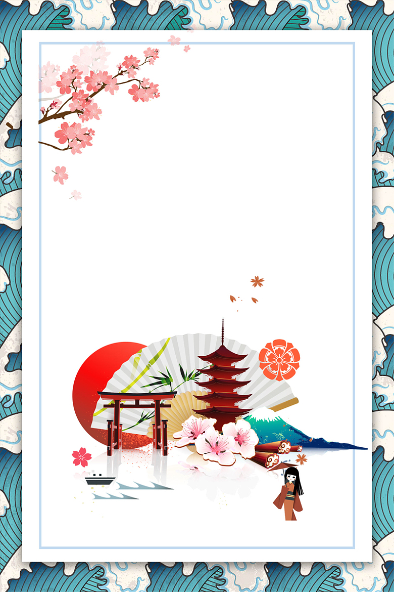 冬季旅行蓝色手绘日本旅行樱花浮世绘背景