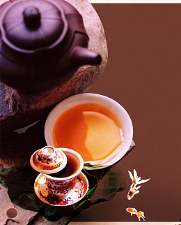 清新茶艺鲤鱼咖啡色背景素材