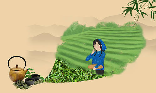黄色手绘插画茶园茶文化海报背景