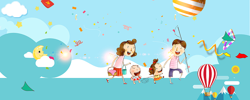 亲子出游卡通童趣蓝色背景(1920x773)psdpng大海帆船闪电海报背景