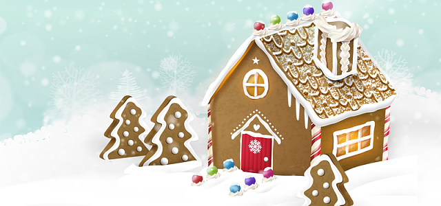 淘宝矢量卡通姜饼屋房子巧克力雪地蓝天海报