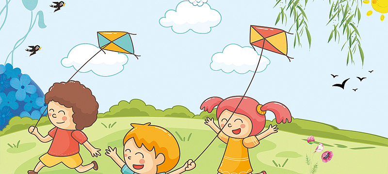 春天手绘放风筝背景图psdjpg小清新卡通五月你好海报背景素材psdjpg