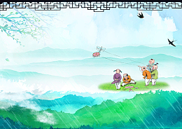 绿色水墨古风山水手绘卡通背景素材