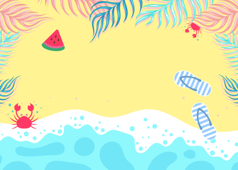 你好八月卡通沙滩旅游psd分层背景免抠素材免费下载 觅元素51yuansu Com