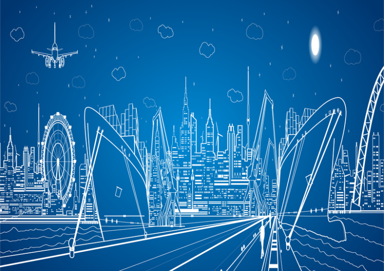 蓝底线条城市建筑背景