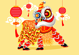新年舞狮灯黄色背景矢量