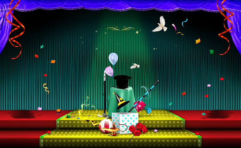 卡通帽子气球鸽子舞台红色背景素材
