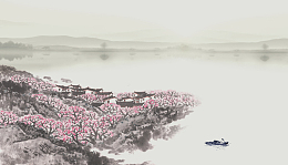江边桃花盛开的中国山水画面