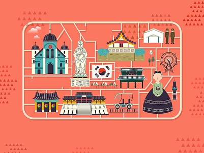 手绘矢量旅游韩国景福宫景点地图海报背景