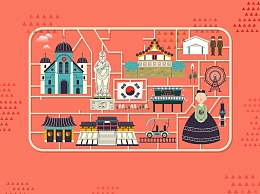 手绘矢量旅游韩国景福宫景点地图海报背景