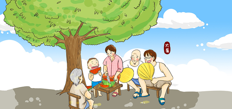 背景图jpg夏天泳池卡通背景插画jpg夏日树下纳凉吃西瓜的儿童jpg两个