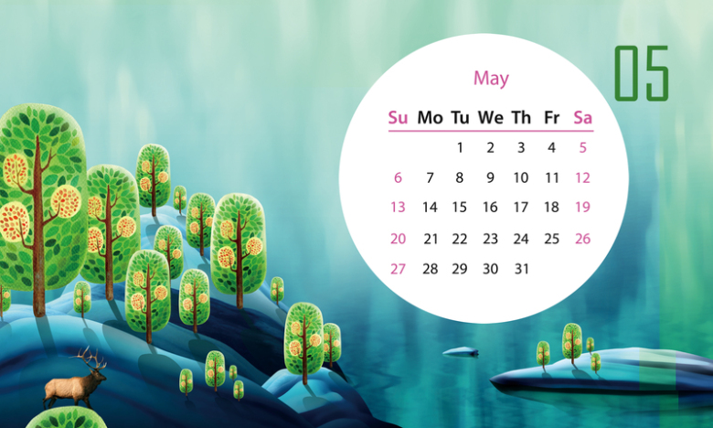 2018年清新手绘山水风景地产通用台历5月份