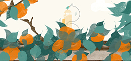 柿子树与鸟彩色手绘banner